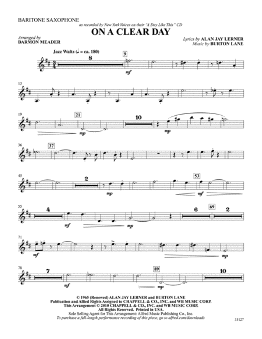 On a Clear Day: E-flat Baritone Saxophone Baritone Saxophone scores gallery preview page 1