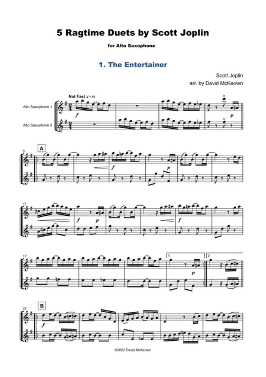 Five Ragtime Duets by Scott Joplin for Alto Saxophone Woodwind Duet scores gallery preview page 2