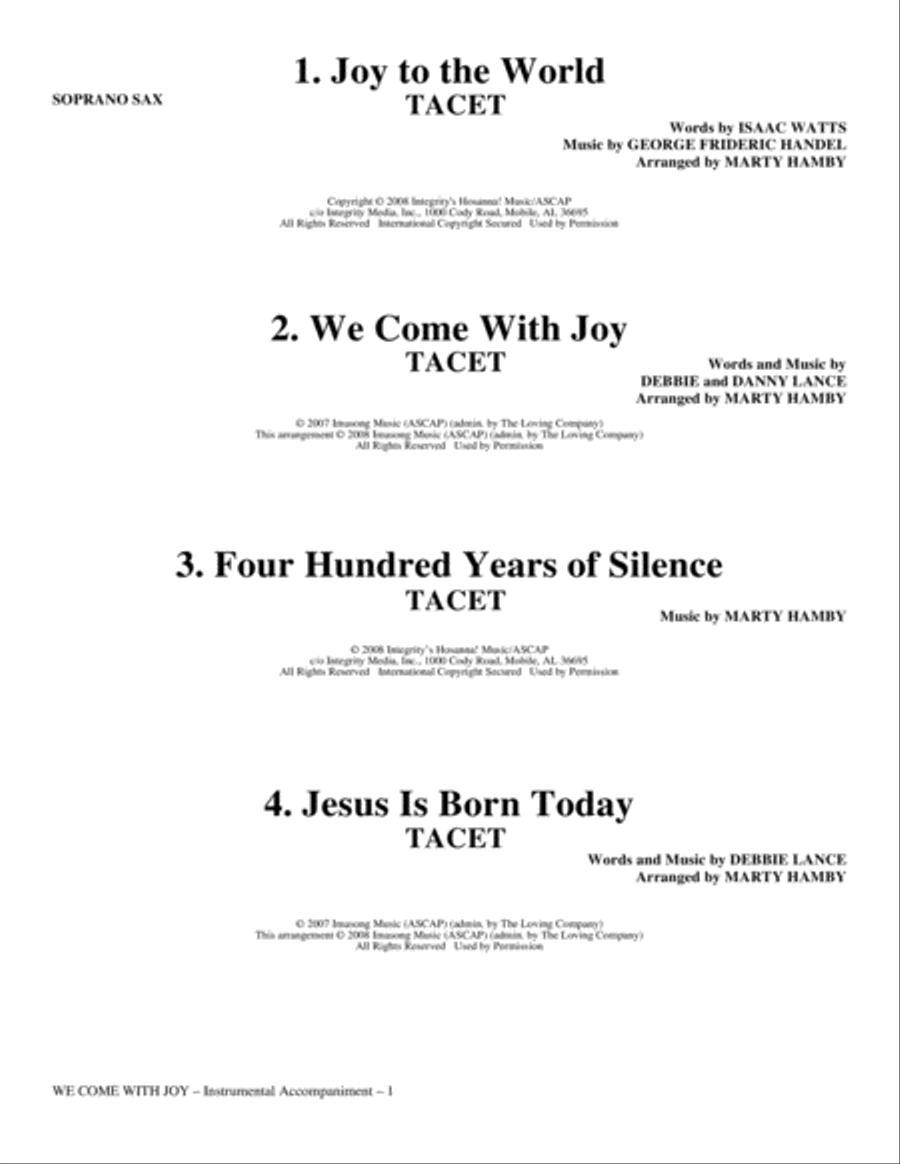 We Come With Joy Orchestration - Soprano Sax Choir scores gallery preview page 1