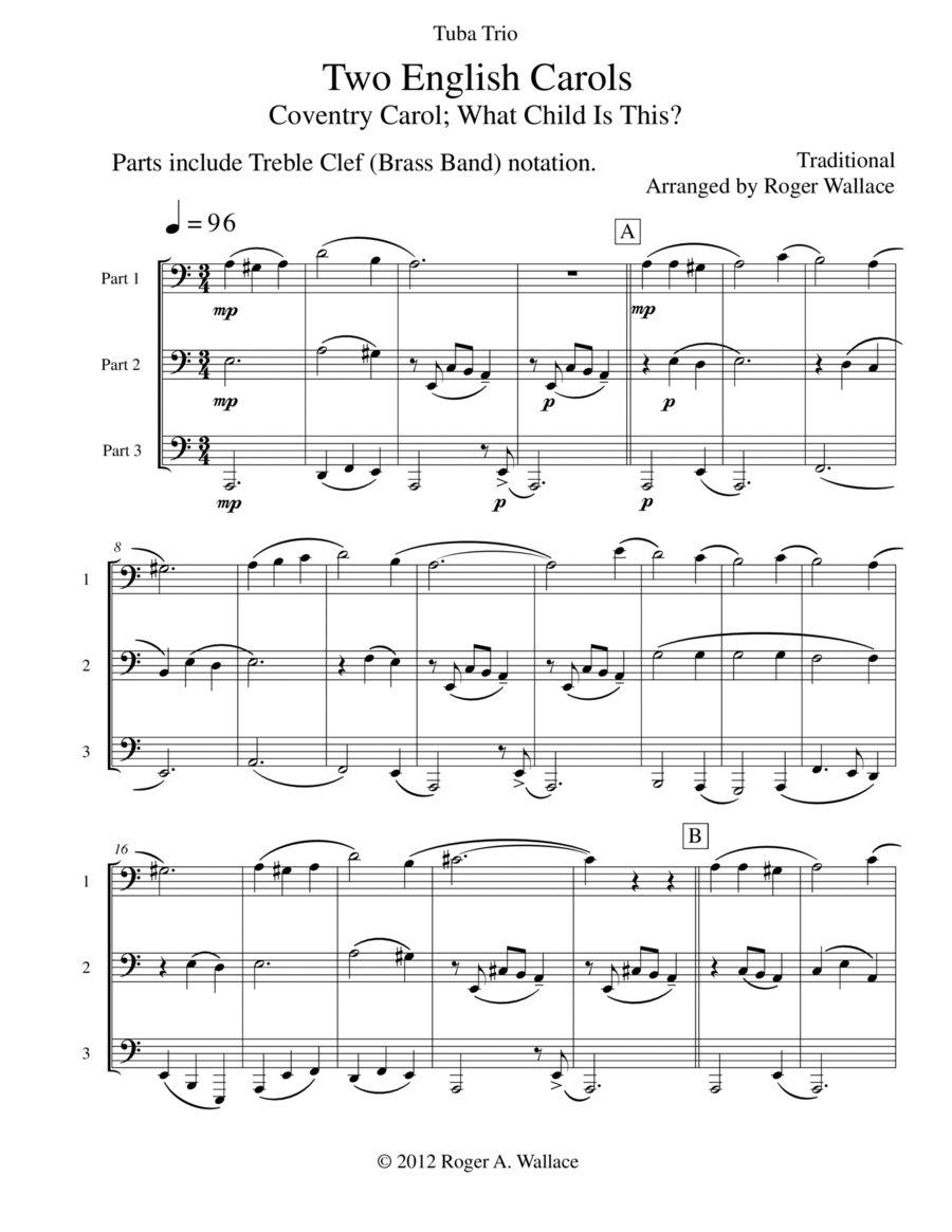 Two English Carols (Coventry Carol; What Child Is This?) - Tuba Trio Two English Carols (Coventry Carol; What Child Is This?) - Tuba Trio Brass Trio scores gallery preview page 1