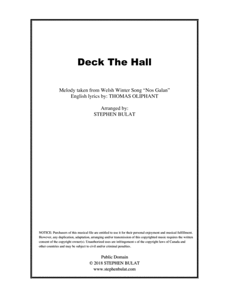 Deck The Halls - Lead sheet arranged in traditional and jazz style (key of D)