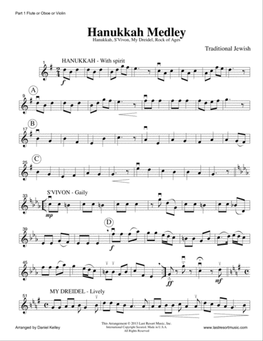 Hanukkah Medley (Hanukkah, S'Vivon, My Dreidel, Rock of Ages) for Two Violins & Viola (or Two Flutes Large Ensemble scores gallery preview page 4