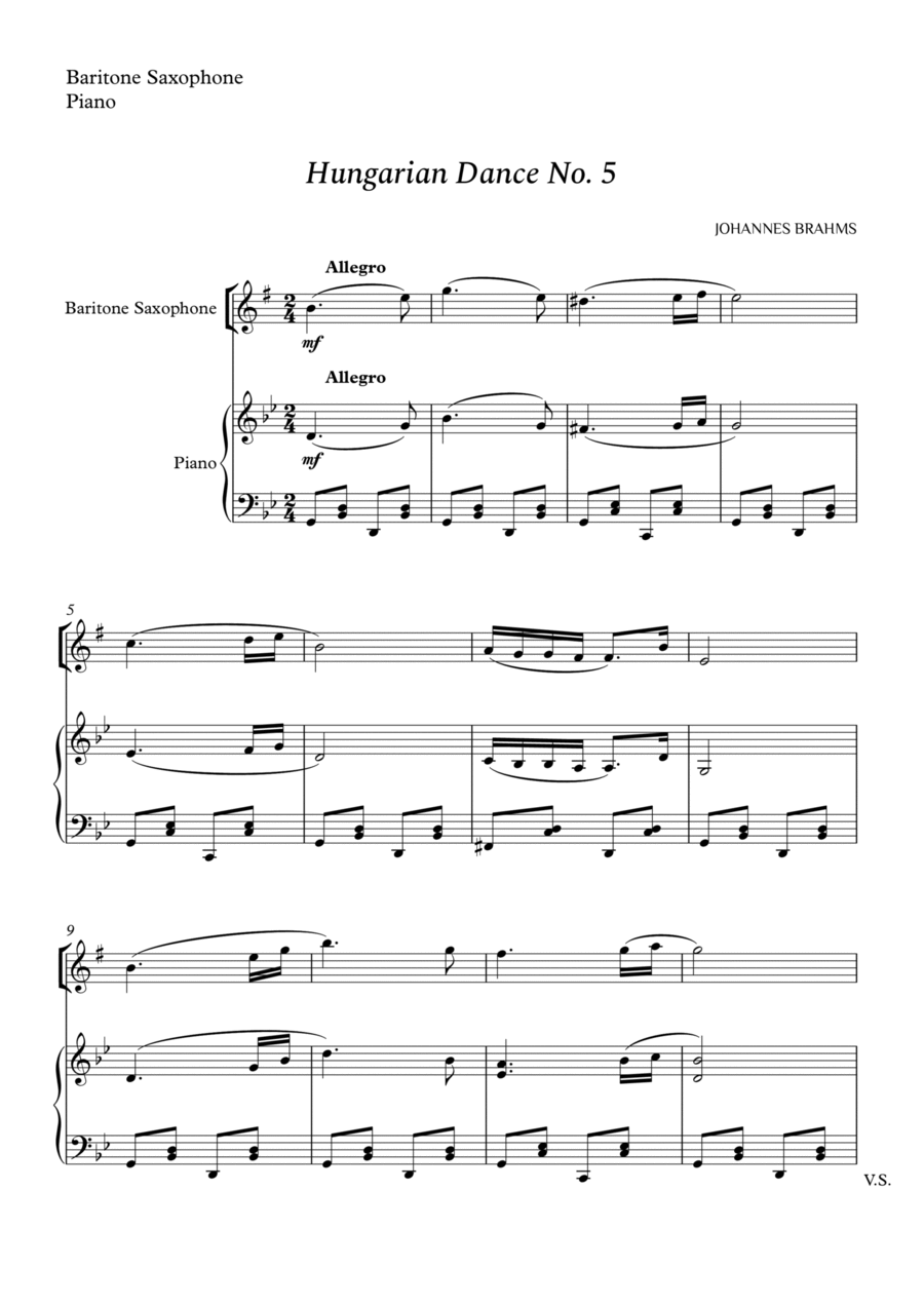 Hungarian Dance No. 5 for Baritone Sax and Piano Woodwind Ensemble scores gallery preview page 1