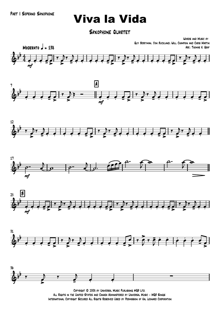 Viva La Vida Saxophone Quartet scores gallery preview page 5