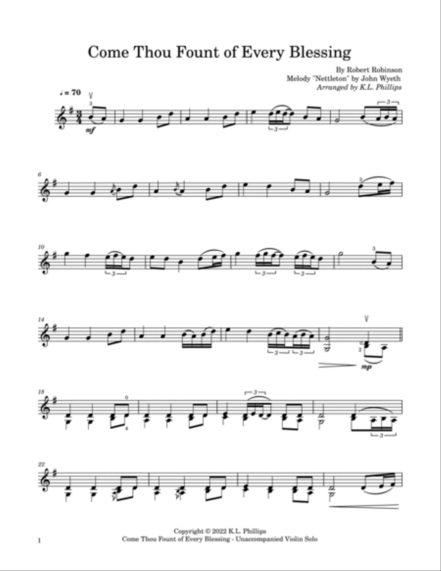 Come Thou Fount of Every Blessing - Unaccompanied Violin Solo Violin Solo scores gallery preview page 2