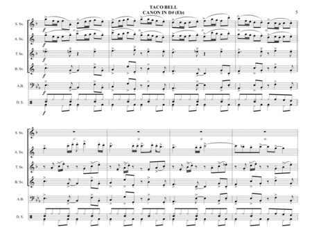 TACO BELL CANON IN D# (Eb) - Saxophone Quartet (SATB) with optional Bass and Drums - Bossa Nova image number null