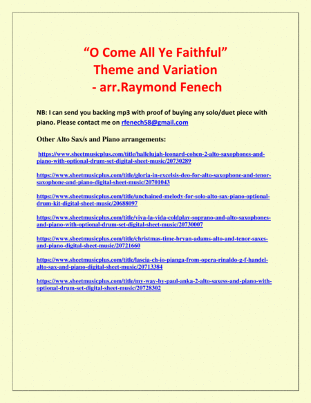 O Come All Ye Faithful (Adeste Fidelis) - Theme and Variation for Alto Sax and Piano - Advanced Leve image number null