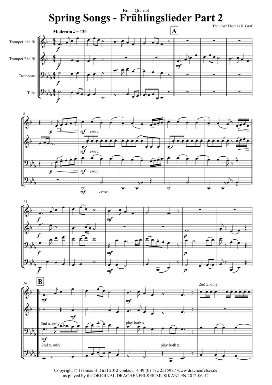 Spring Songs - Frühlingslieder - Part 2 - German Folk Songs - Brass Quartet Brass Quartet scores gallery preview page 1