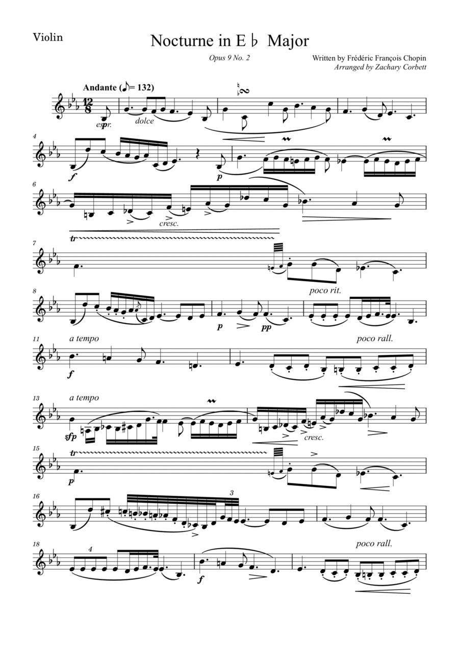 Nocturne Op 9 No 2 in Eb Major Violin Solo scores gallery preview page 1