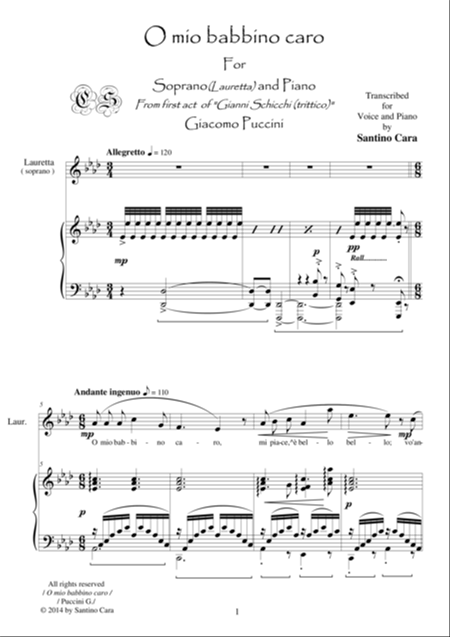 Puccini-Gianni Schicchi (Act1) O mio babbino caro - Soprano and piano Soprano Voice scores gallery preview page 1