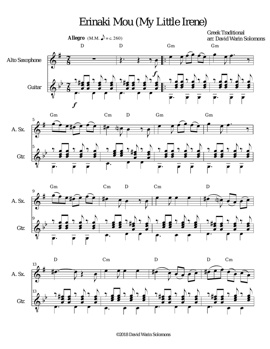 Erinaki mou - Ερηνάκι μου (My little Irene) for alto saxophone and guitar Alto Saxophone scores gallery preview page 1
