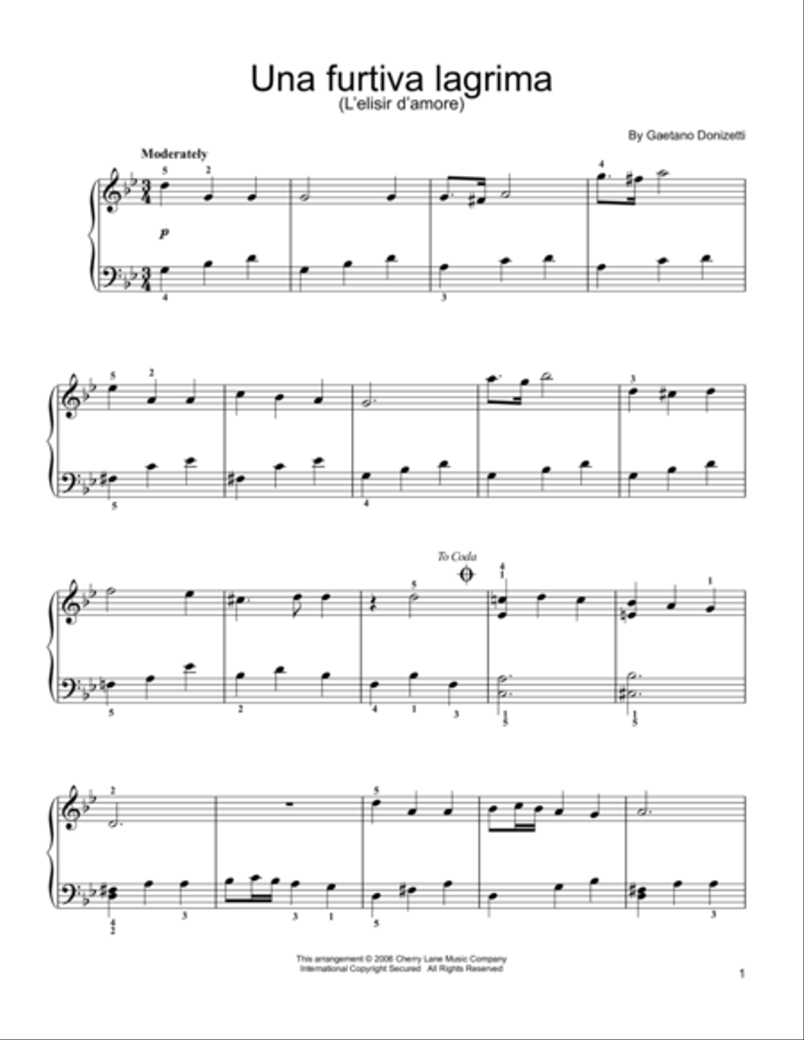 Una Furtiva Lagrima Easy Piano scores gallery preview page 1