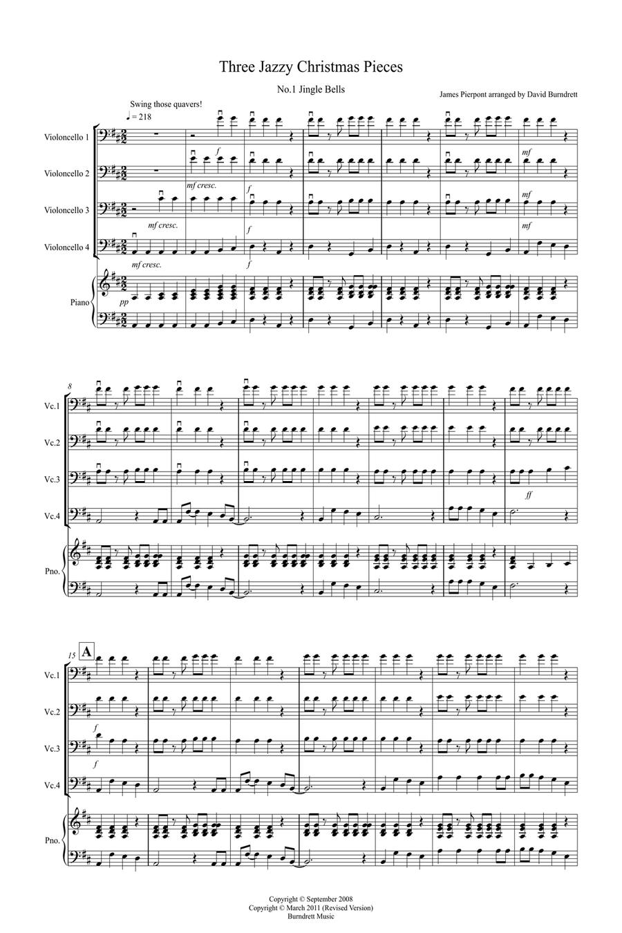 3 Jazzy Christmas Pieces for Cello Quartet Cello Solo scores gallery preview page 1