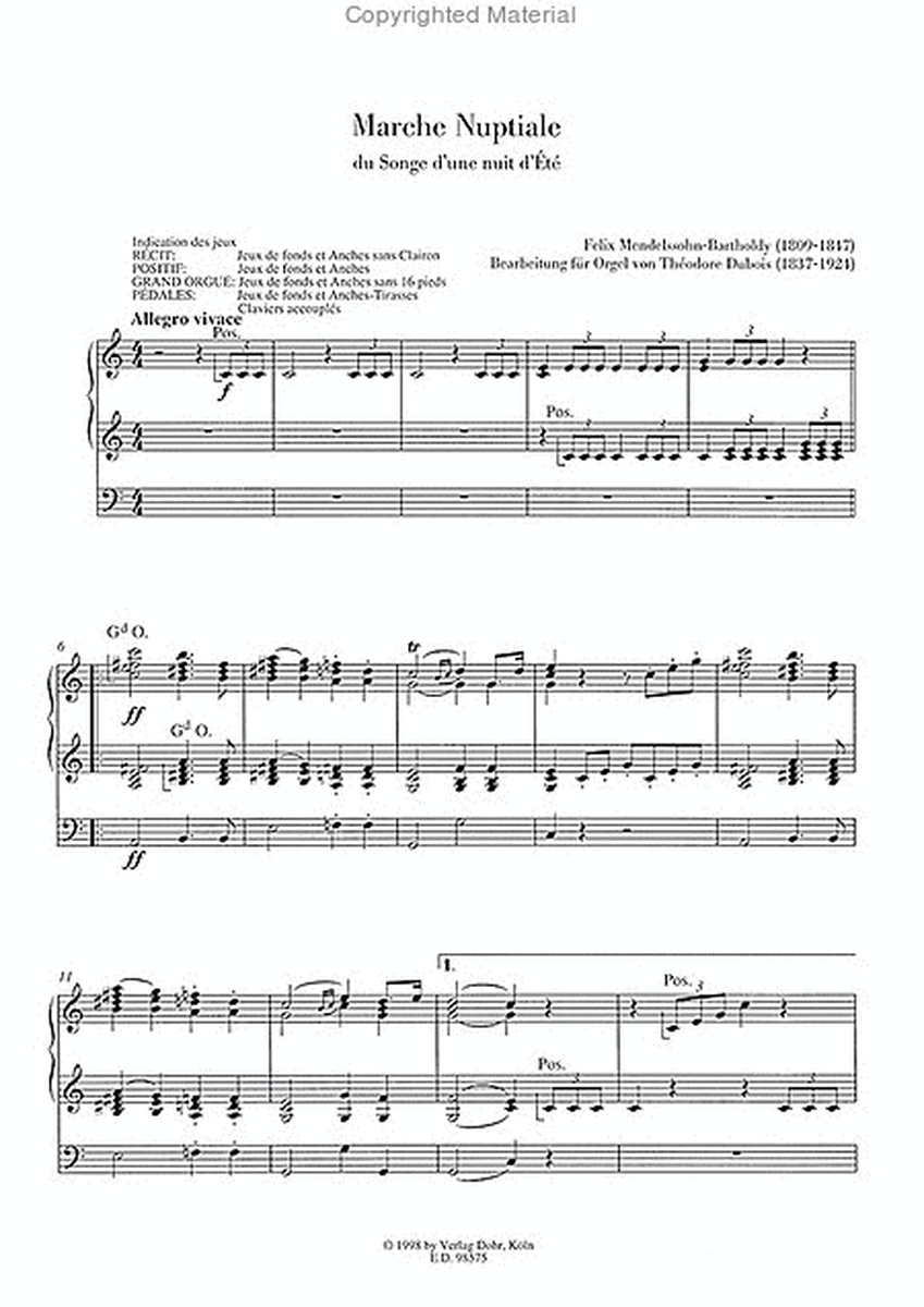 Hochzeitsmarsch für Orgel C-Dur (aus "Ein Sommernachtstraum" op. 61)