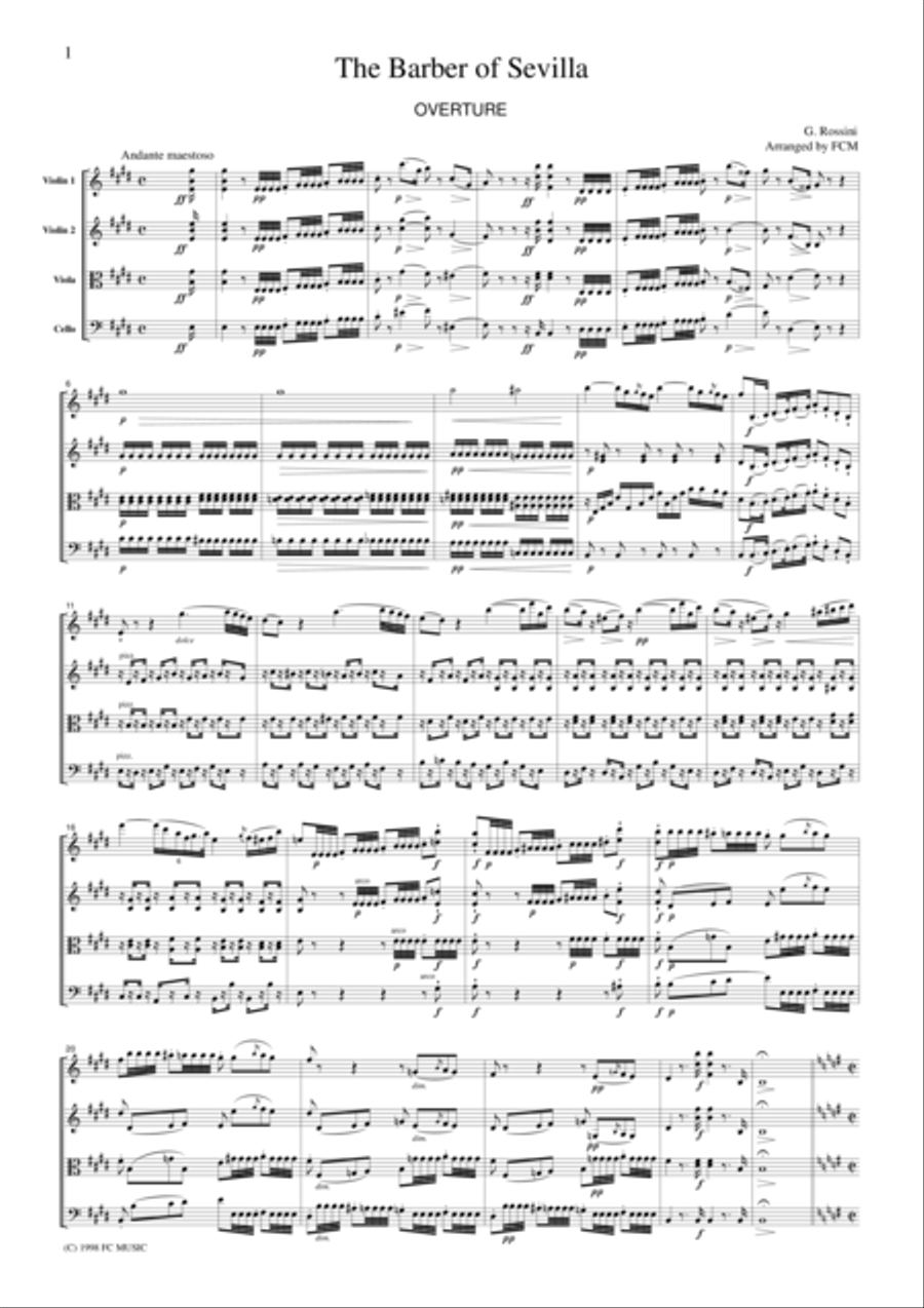Rossini Overture to The Barber of Seville, for string quartet, CR101 String Quartet scores gallery preview page 1