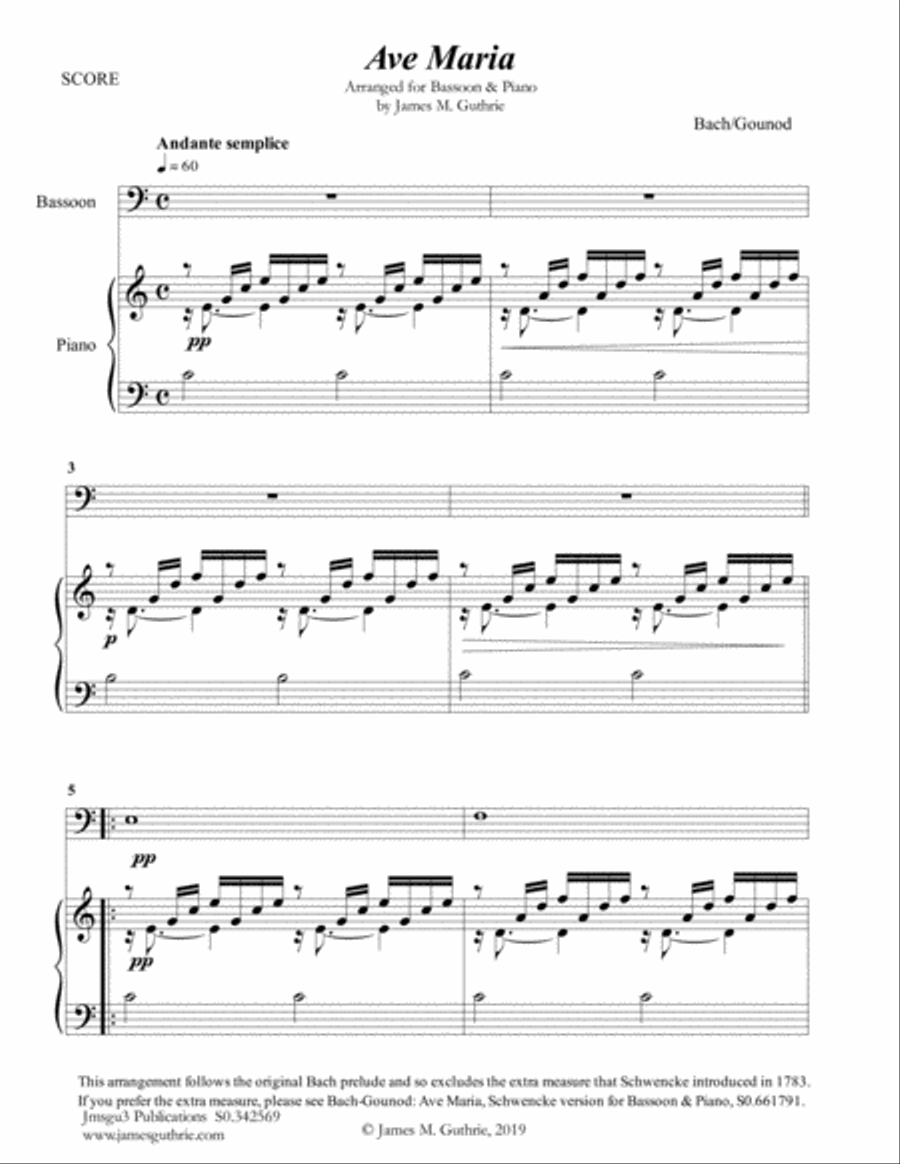 Bach-Gounod: Ave Maria for Bassoon & Piano Woodwind Duet scores gallery preview page 1