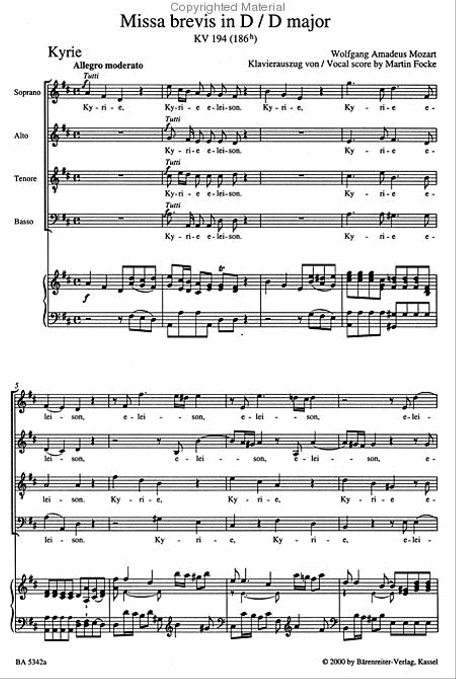 Missa brevis D major, KV 194 (186h) 4-Part scores gallery preview page 3