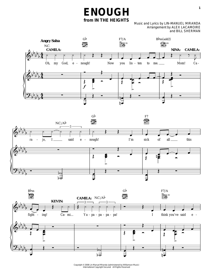 Enough (from In The Heights: The Musical) Piano, Vocal, Guitar scores gallery preview page 1