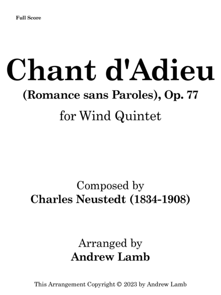 Chant d’Adieu (Romance sans Paroles), Op. 77 [by Charles Neudtedt, arr. for Saxophone Quintet] image number null