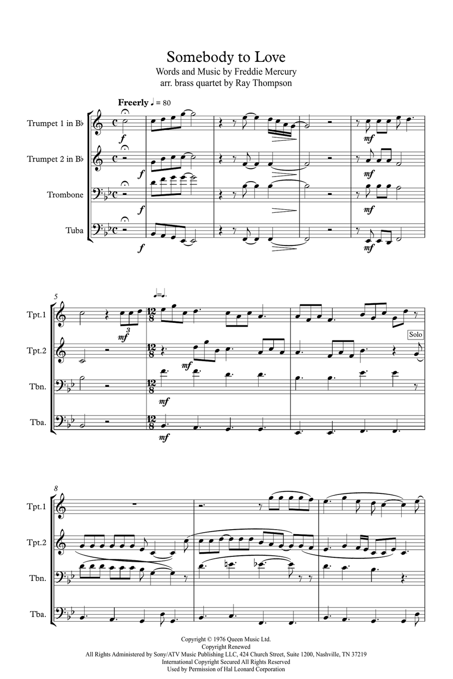 Somebody To Love Brass Quartet scores gallery preview page 1