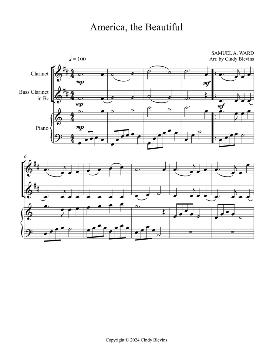 America, the Beautiful, for Clarinet, Bass Clarinet and Piano Small Ensemble scores gallery preview page 2