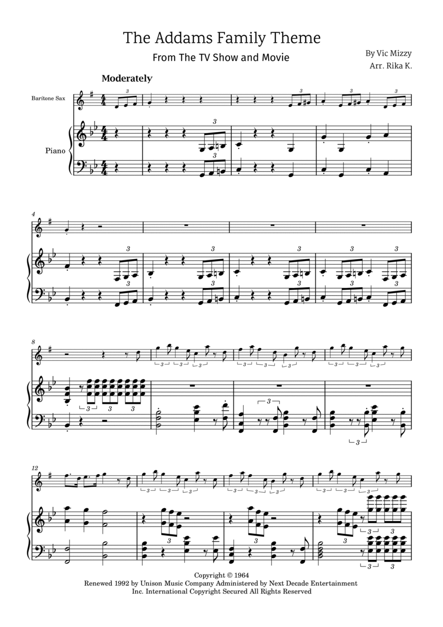 Addams Family Theme Baritone Saxophone scores gallery preview page 1