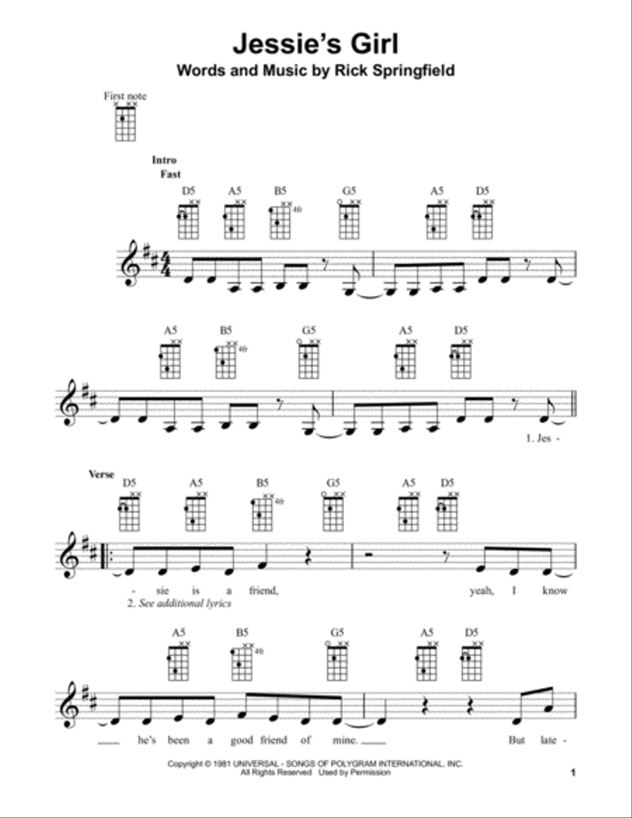 Jessie's Girl Ukulele scores gallery preview page 1