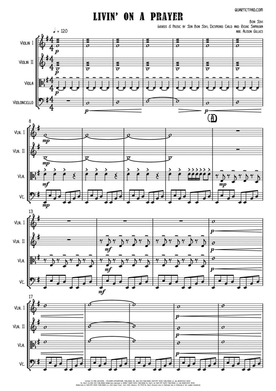 Livin' On A Prayer String Quartet scores gallery preview page 1