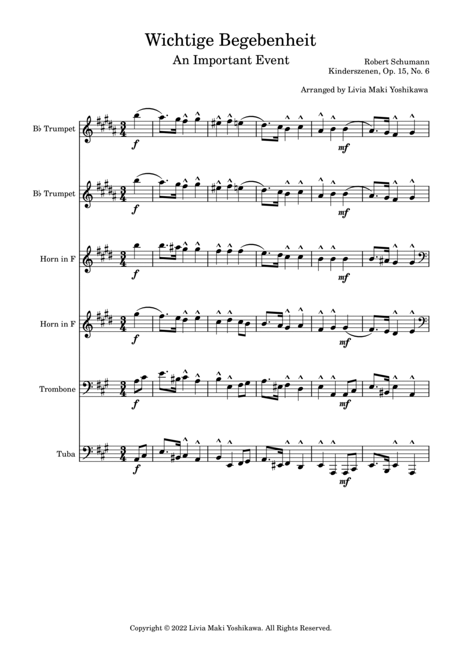 Wichtige Begebenheit (Kinderszenen, Op. 15, No. 6) - Brass Sextet Brass Ensemble scores gallery preview page 1