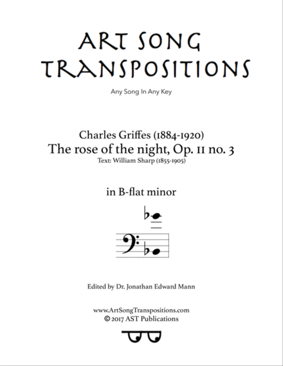 GRIFFES: The rose of the night, Op. 11 no. 3 (transposed to B-flat minor, bass clef) Voice scores gallery preview page 1