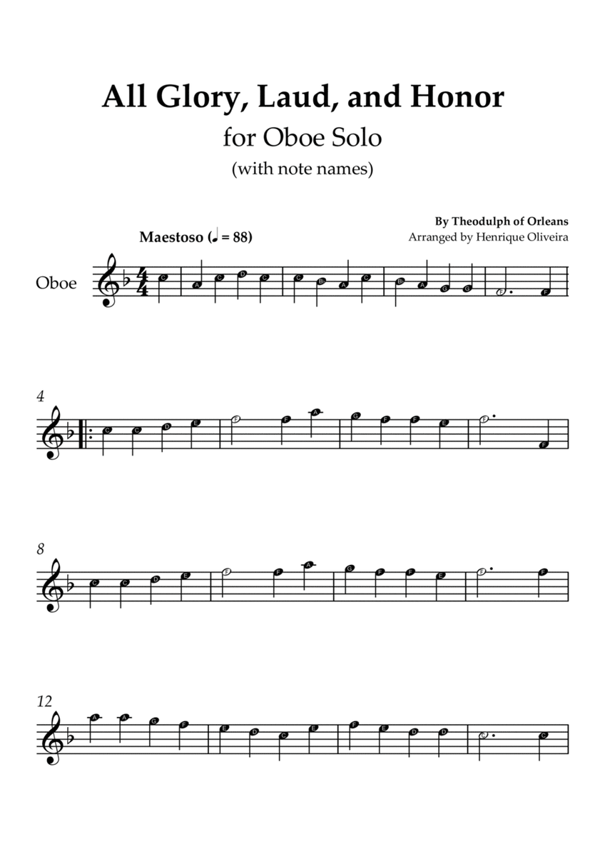 All Glory, Laud, and Honor (for Oboe Solo) - With note names image number null
