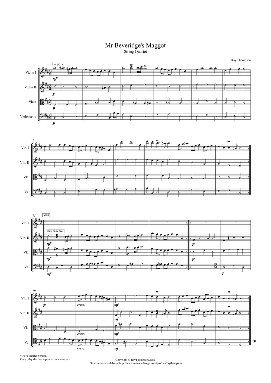 Mr Beveridge's Maggot (Theme and Variations) - string quartet String Quartet scores gallery preview page 1