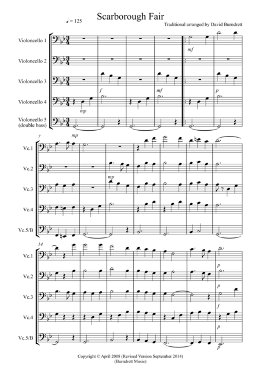 Scarborough Fair for Cello Quintet Cello Solo scores gallery preview page 1