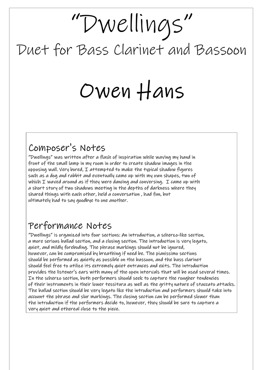 Dwellings - Bass Clarinet and Bassoon Duet Woodwind Duet scores gallery preview page 1