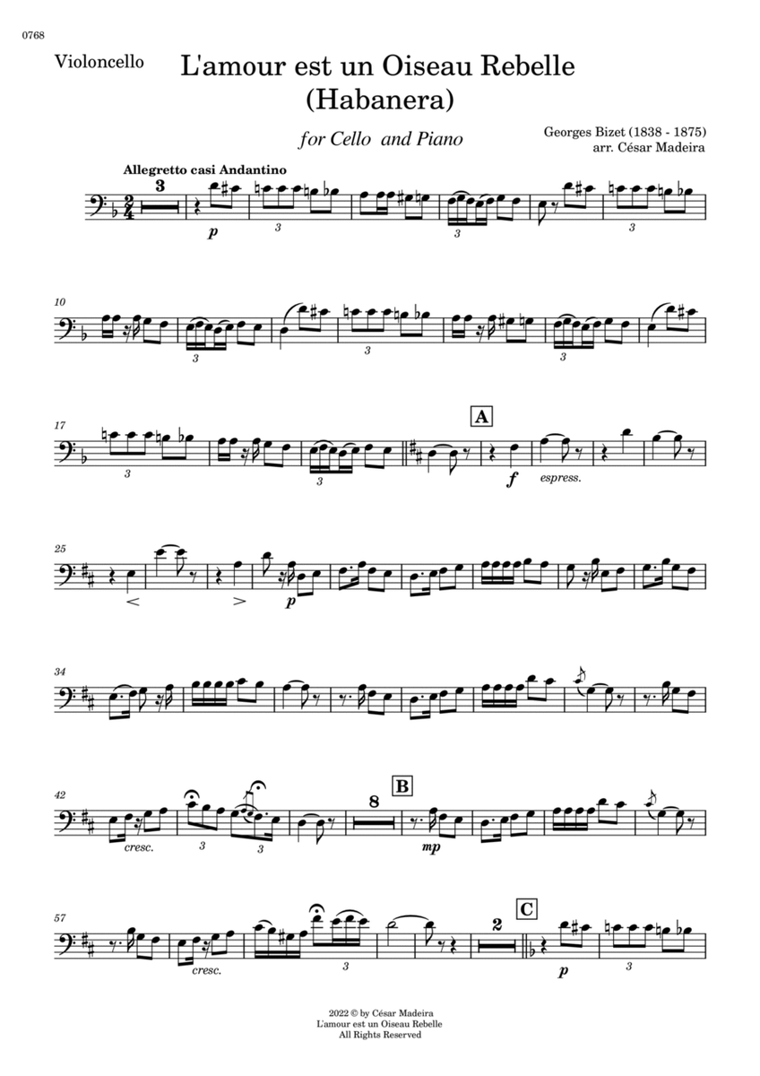 Habanera from Carmen by Bizet - Cello and Piano (Individual Parts) image number null