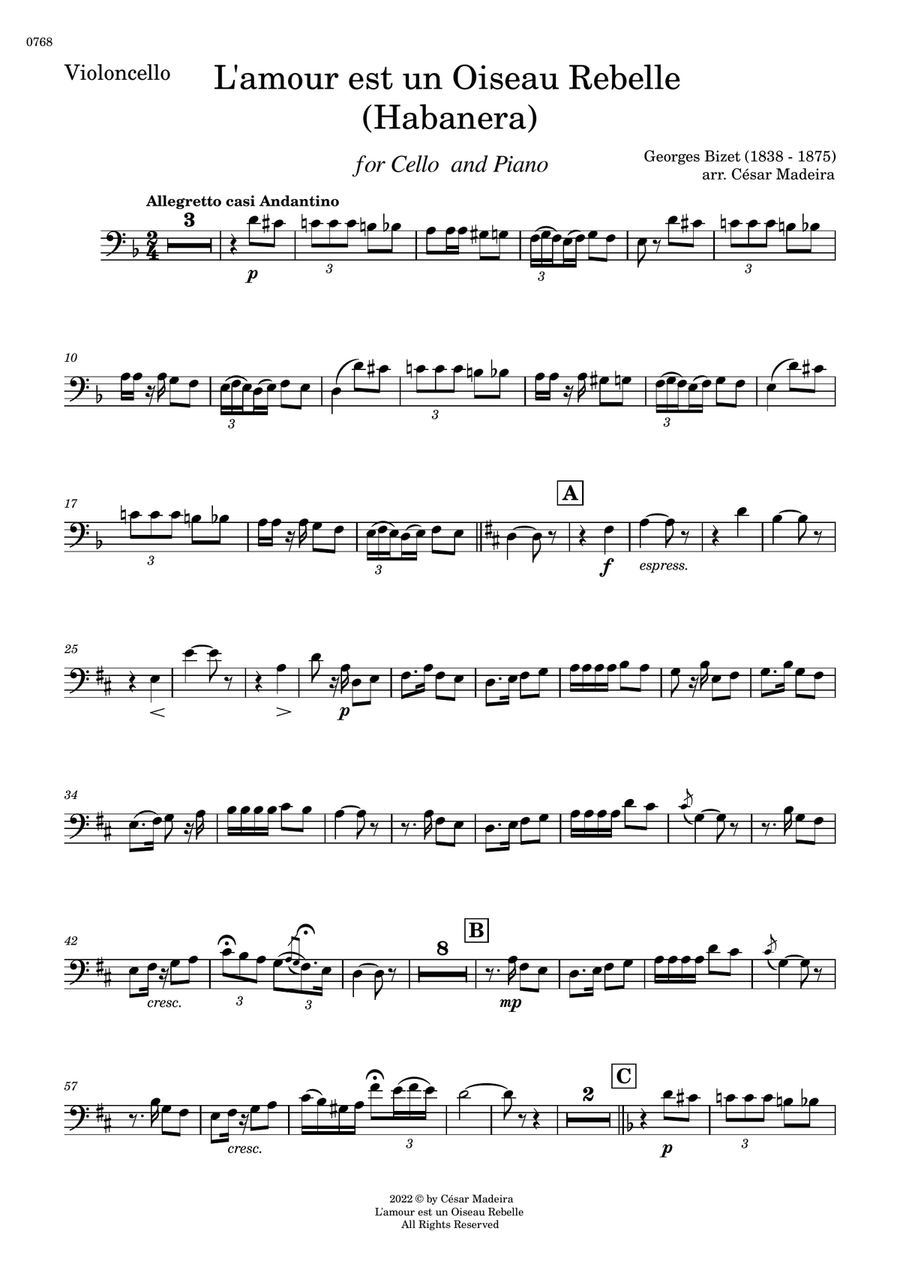 Habanera from Carmen by Bizet - Cello and Piano (Individual Parts) Piano scores gallery preview page 1