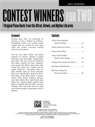 Book cover for Contest Winners for Two, Book 2: 7 Original Piano Duets from the Alfred, Belwin, and Myklas Libraries