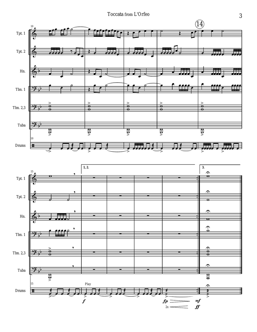 TOCCATA (fanfare) from L'ORFEO by Monteverdi - brass ensemble with opt. percussion - score & parts Brass Ensemble scores gallery preview page 3