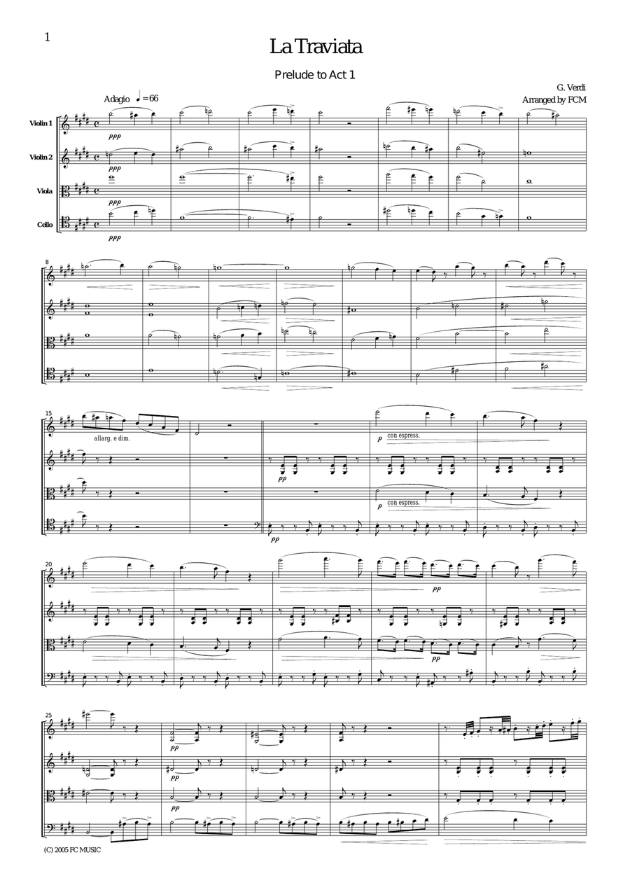 Verdi La Traviata (Prelude to Act I), for string quartet, CV003