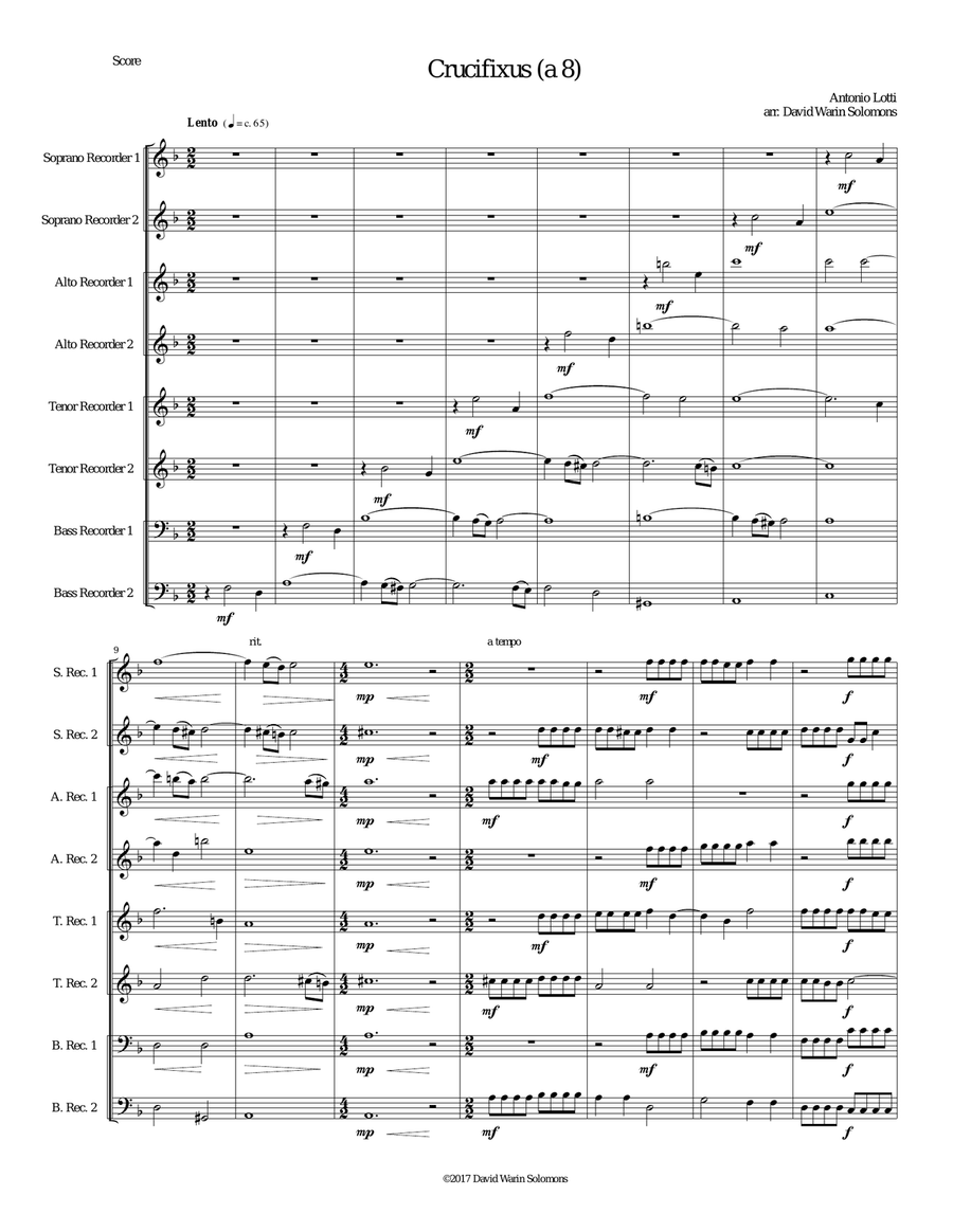 Crucifixus a 8 for recorder octet (or recorder orchestra) Soprano Recorder scores gallery preview page 1