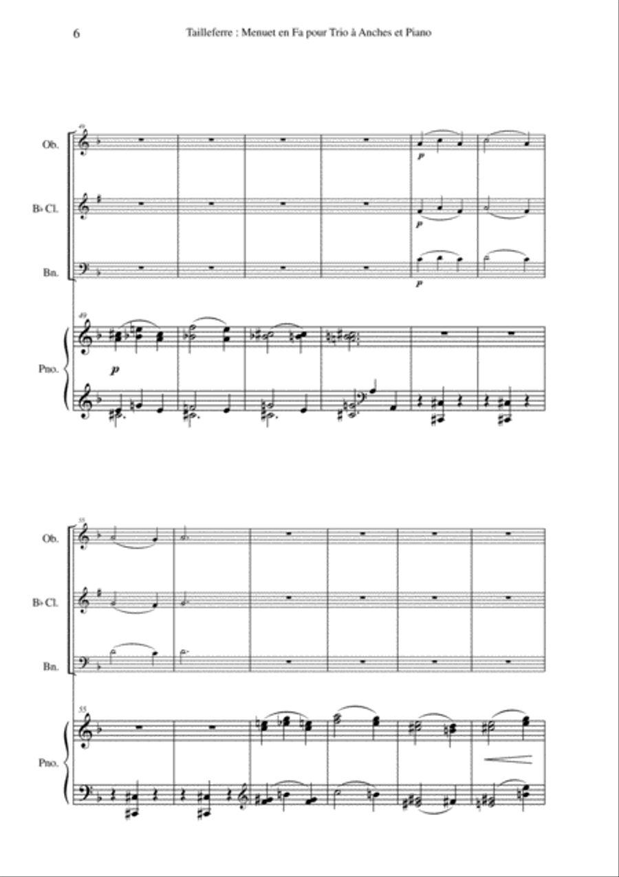 Germaine Tailleferre: Menuet en Fa for oboe, Bb clarinet, bassoon and piano Small Ensemble scores gallery preview page 6