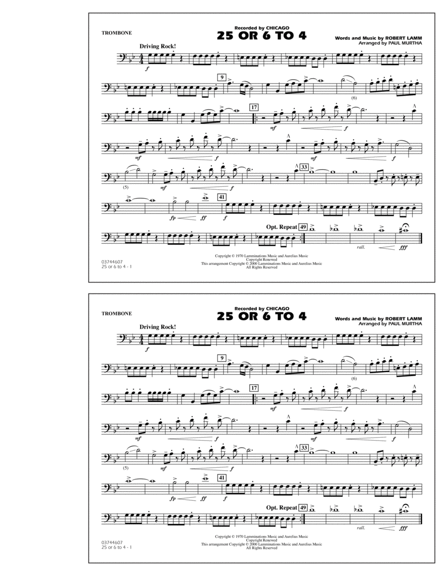 25 Or 6 To 4 - Trombone Marching Band scores gallery preview page 1