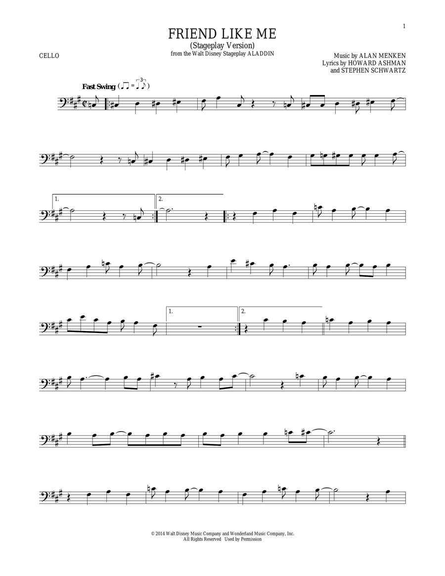 Friend Like Me (Stageplay Version) (from Aladdin: The Broadway Musical) Cello Solo scores gallery preview page 1