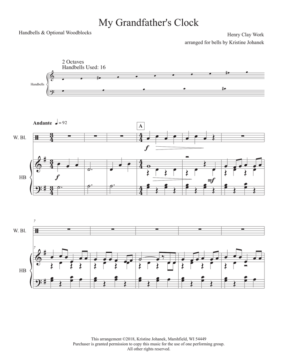 My Grandfather's Clock (2 octave handbell choir with optional woodblock) 2-Octaves scores gallery preview page 2