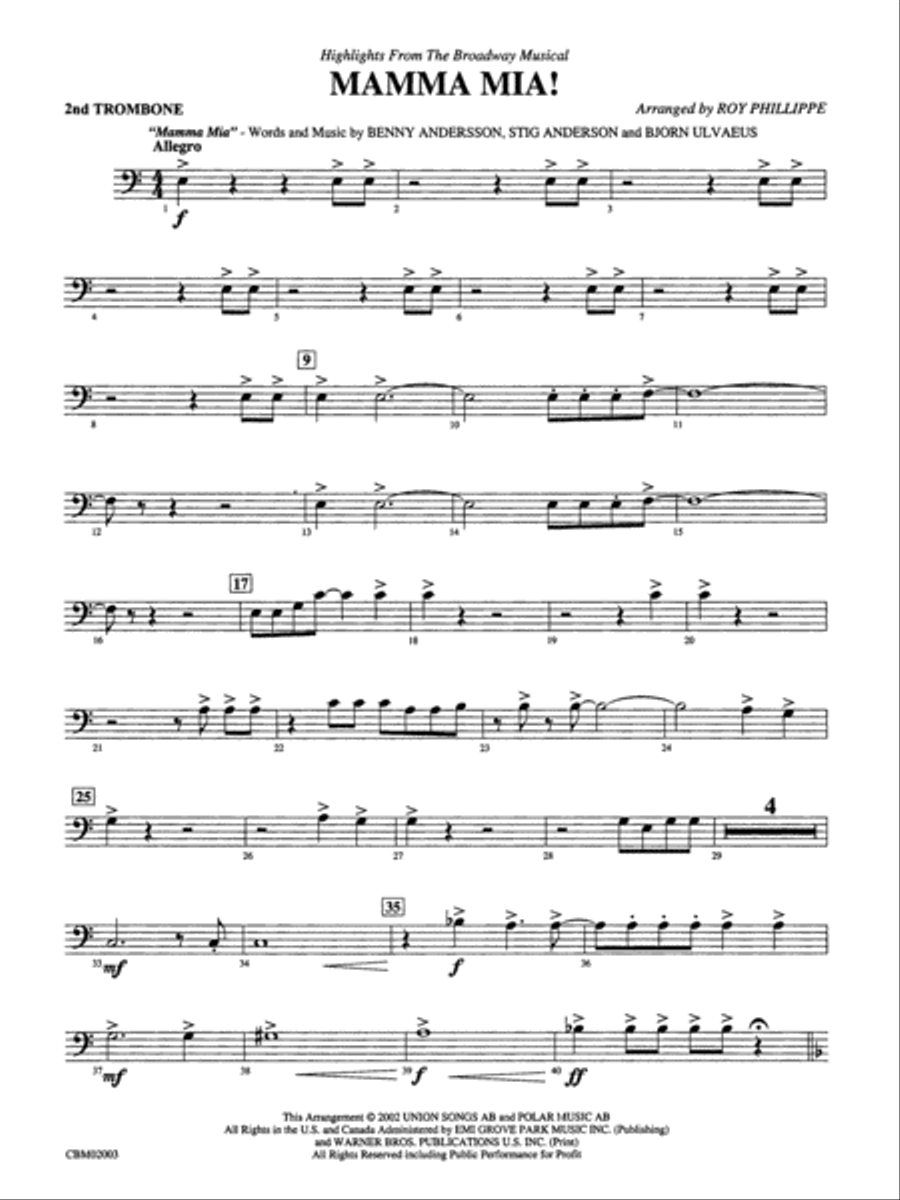 Mamma Mia! -- Highlights from the Broadway Musical: 2nd Trombone Concert Band scores gallery preview page 1