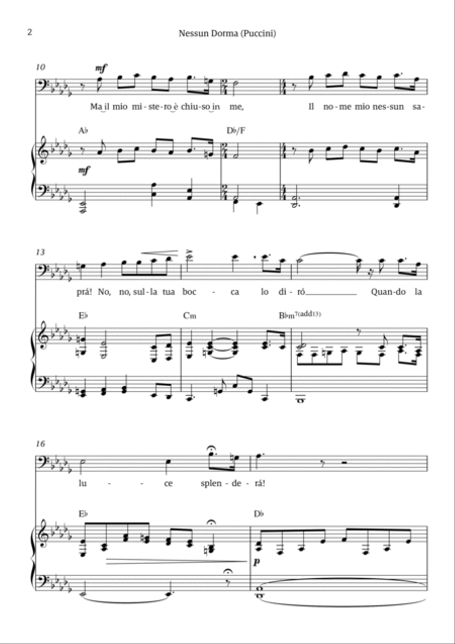 Nessun Dorma (for baritone or bass and piano) Chamber Music scores gallery preview page 2