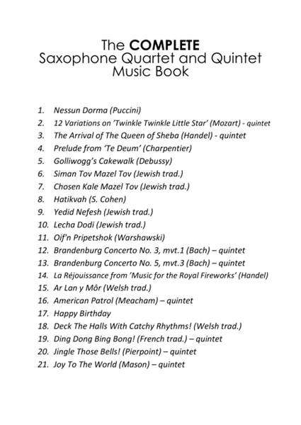 COMPLETE Sax Quartet and Sax Quintet Music Book - pack of 21 essential pieces: wedding, Christmas image number null