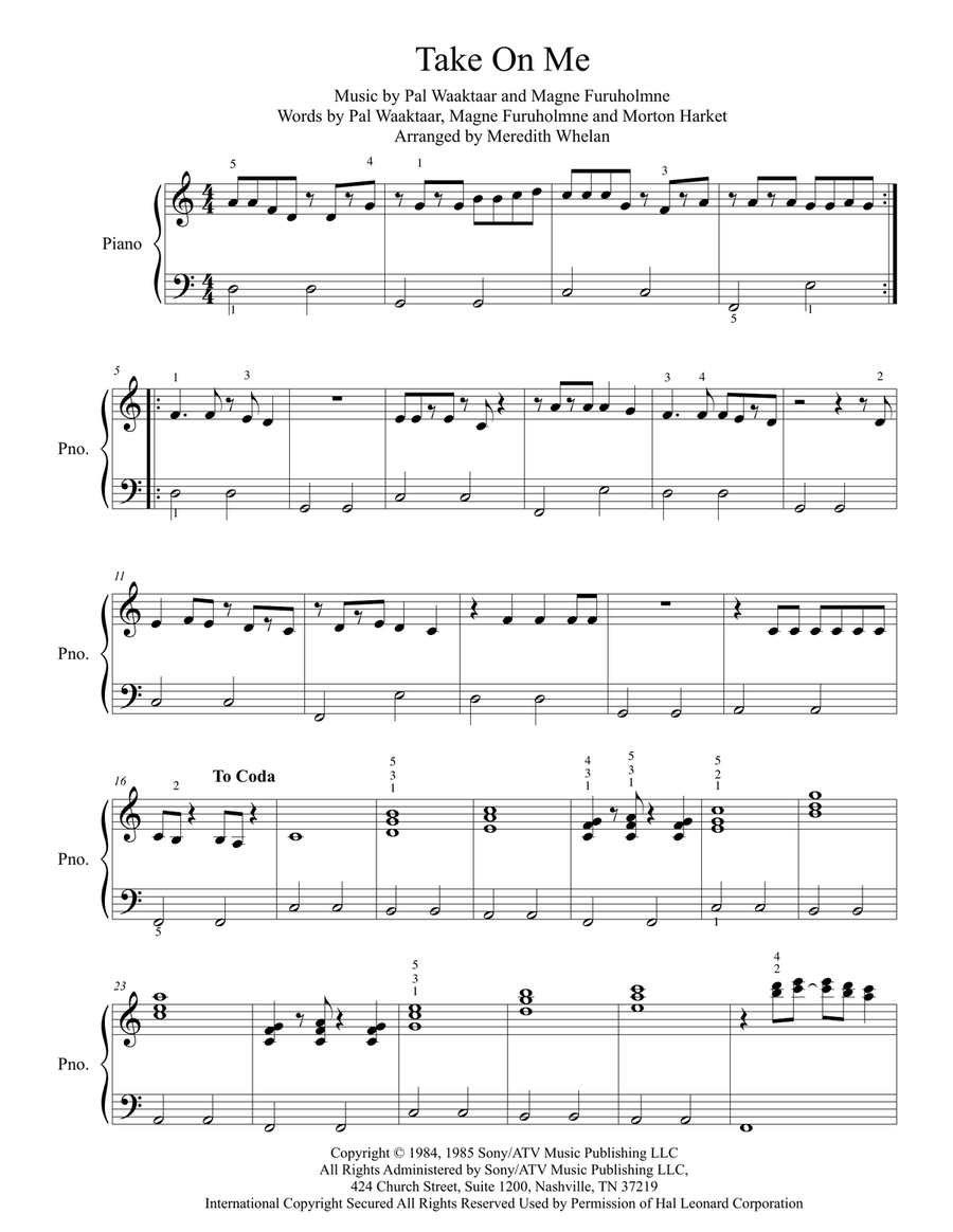 Take On Me Easy Piano scores gallery preview page 1