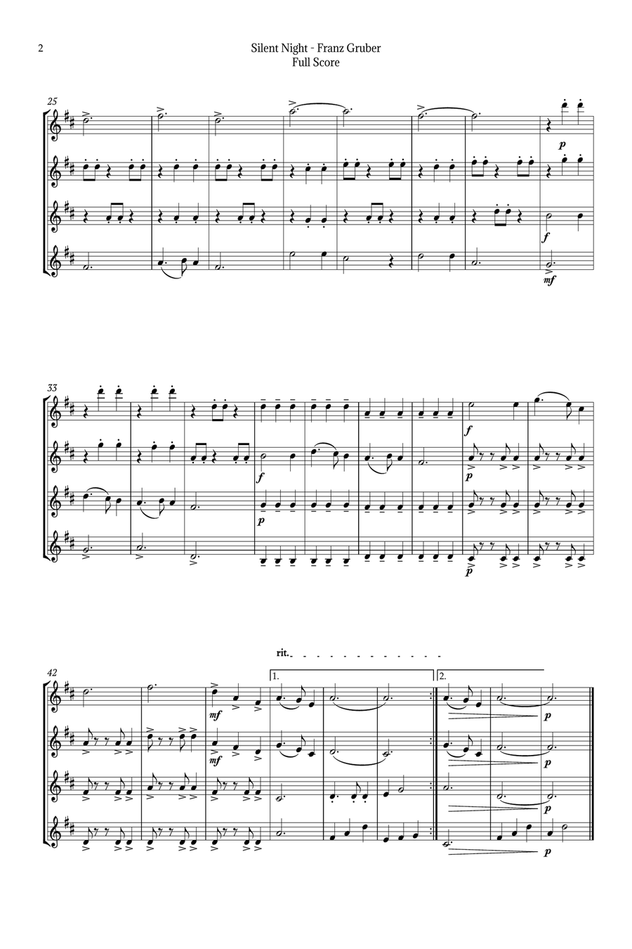 Silent Night for Tenor Sax Quartet Saxophone Quartet scores gallery preview page 2