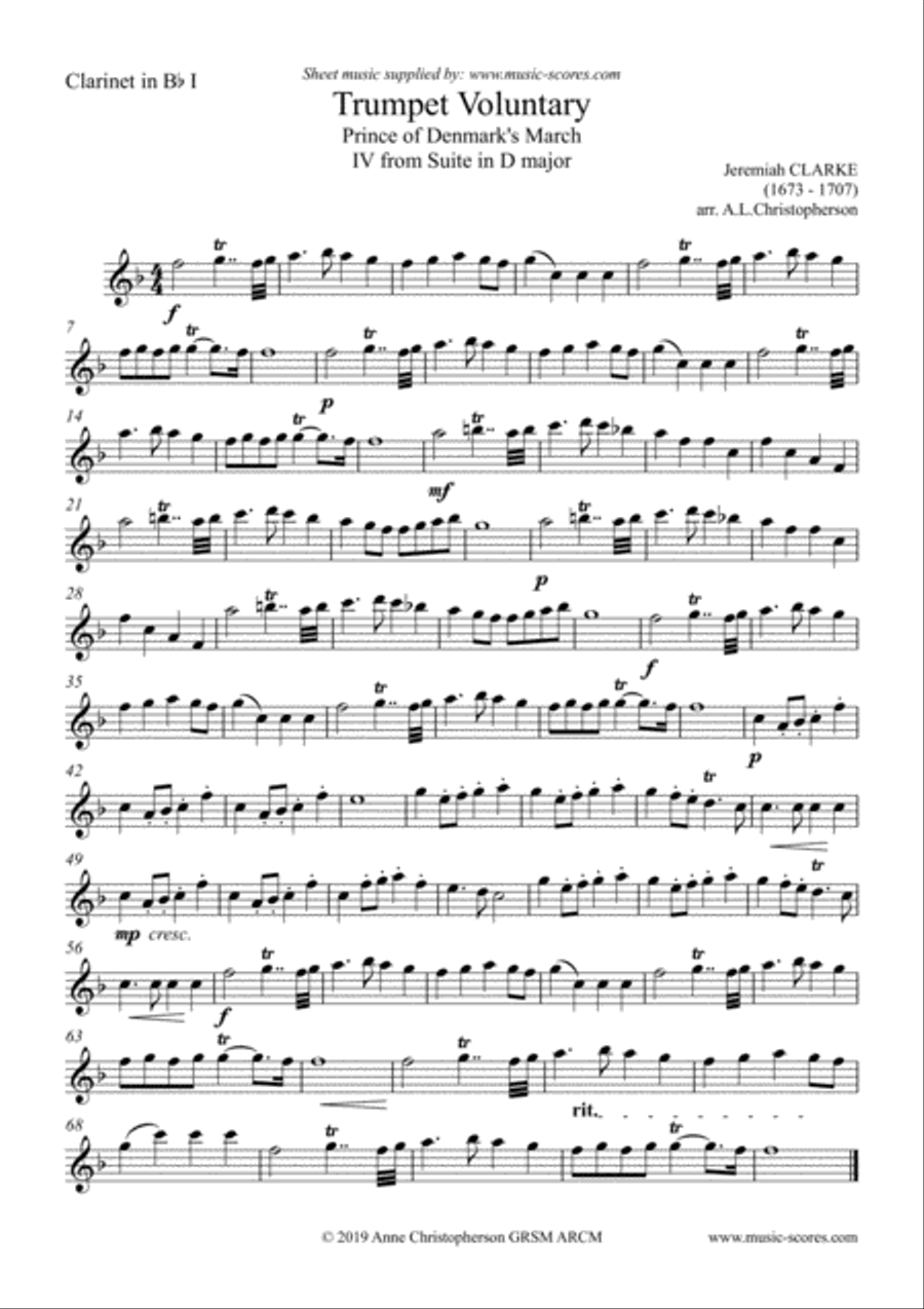 Clarke: Trumpet Voluntary, or Prince of Denmark's March: Clarinet Quintet Clarinet Quintet scores gallery preview page 5